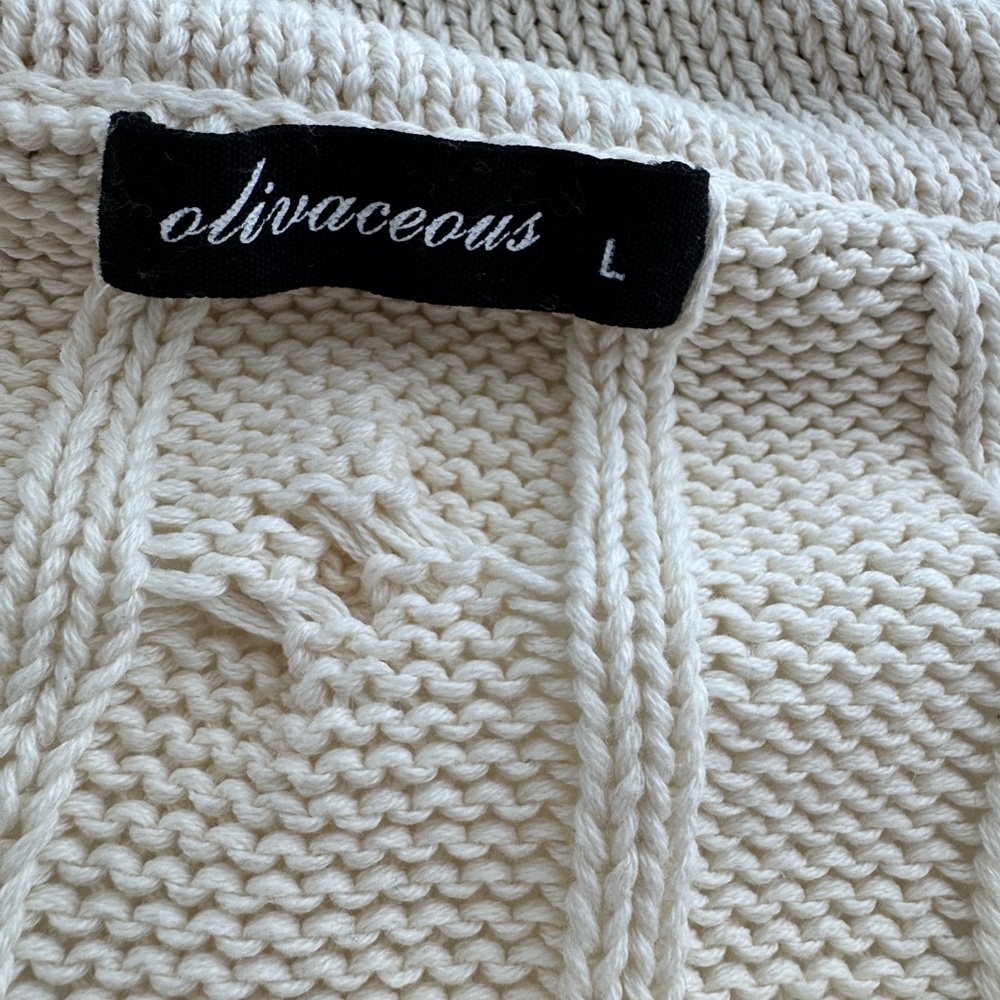 Olivaceous Cable Knit V-Neck Sweater Cream Blue Striped Preppy Large - Picture 3 of 4
